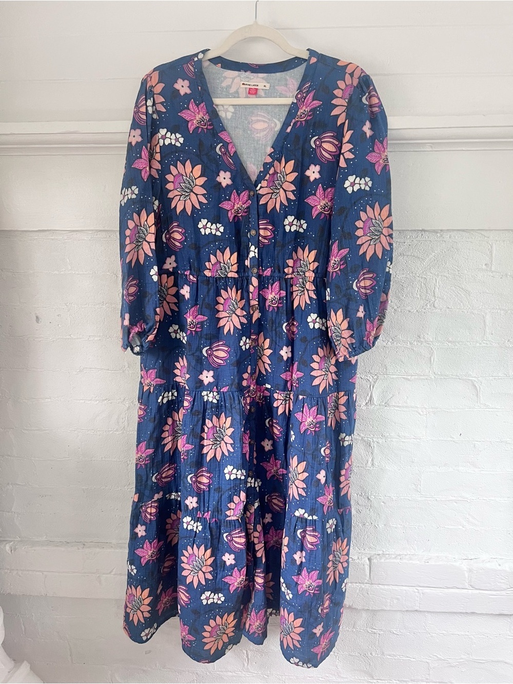 Marine Layer Willow Midi Dress in Floral Batik Blue Pink Natural Fiber Size XL - Picture 11 of 16